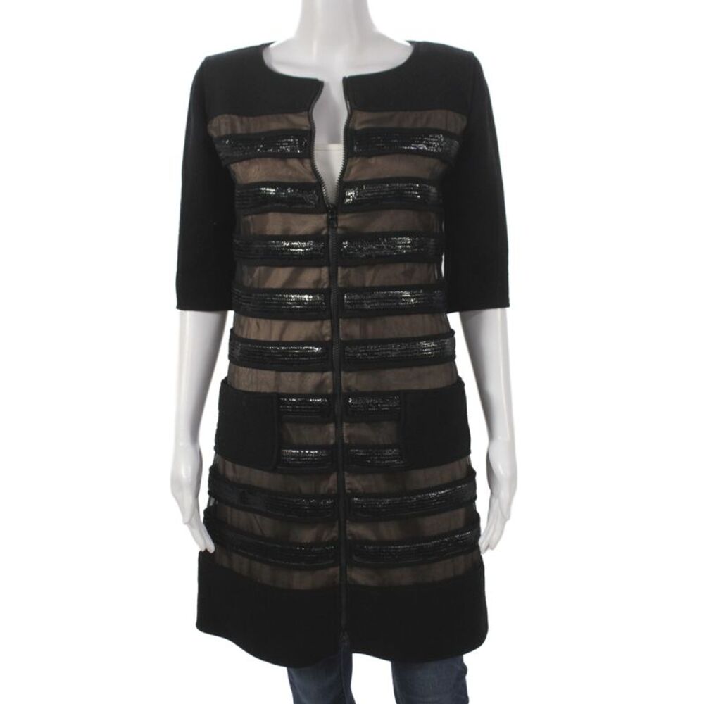 Courreges Womens Black Wool Striped Shift Jacket Half Sleeve Zip Size 38